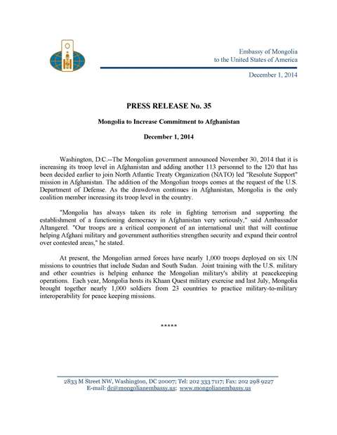 Press Release No.35 - Mongolia to Increase Commitment to Afghanistan