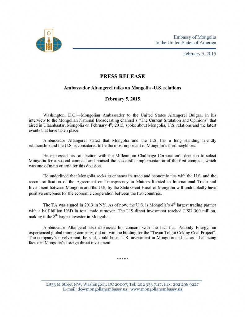 Press Release - Altangerel Bulgaa talks on Mongolia, U.S. relations